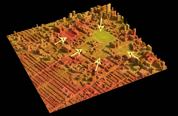 Infrared pic of the area around the University Campus. Note the difference between the artificial (1) and natural fields (2-5), with the artificial showing up as a hot spot on infrared photography. (original photo: John Danahy)